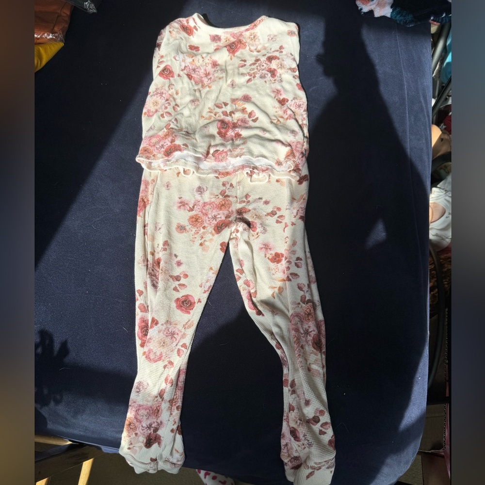 Posh Peanut Floral Kids  waffle holiday Pajama Set - Pink and White
